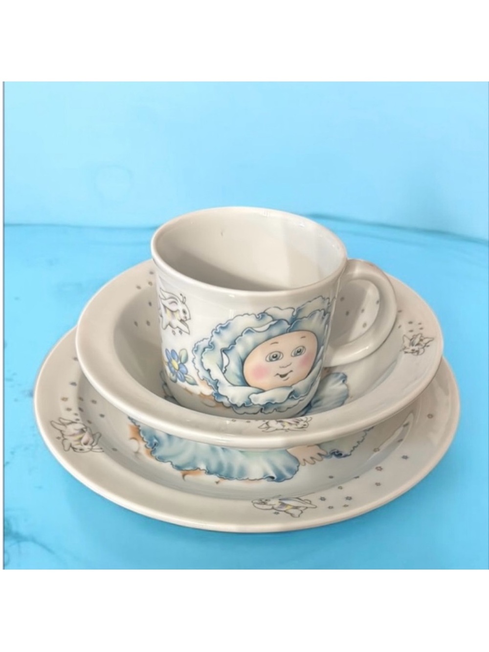Cabbage Patch Baby Blue Ceramic Dinnerware Set with Sweet Infant Illustration